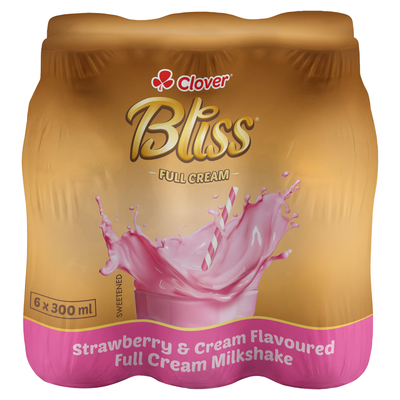 Clover Bliss Strawberry & Cream Flavoured Full Cream Milkshake 6 x 300m